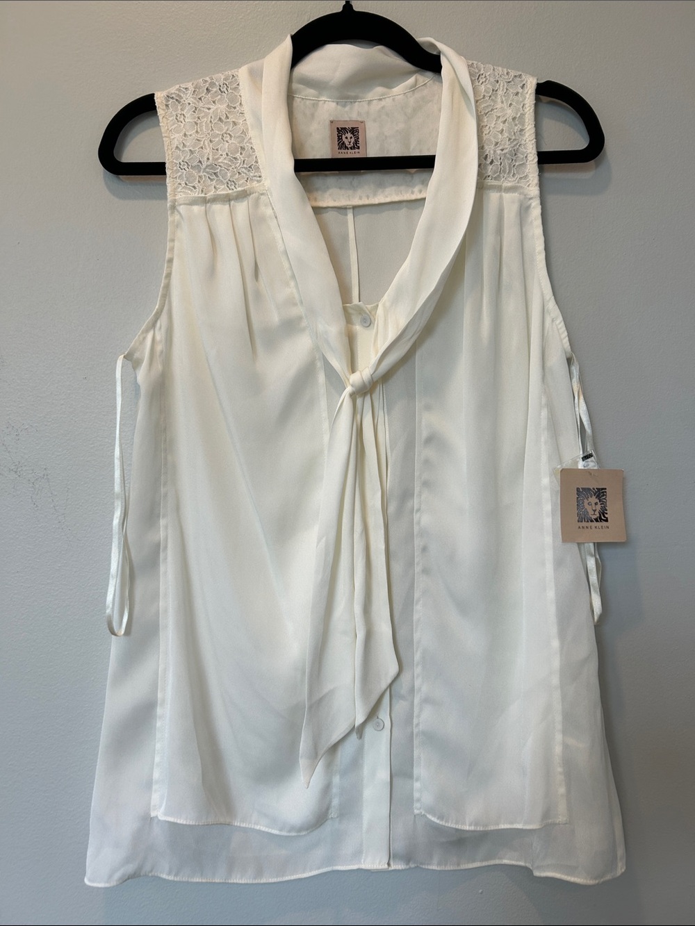 Anne Klein Ivory Sleeveless Blouse with Lace Yoke and Tie